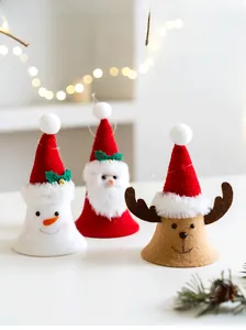Detailed view of Christmas felt ornaments featuring Santa, snowman, elk with bells
