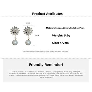 Macro detail of pearl drop earrings with silver flower zircons showing dimensions and specs