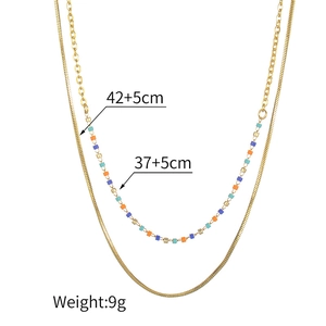 Double-layer 304 stainless steel necklace with gold snake chain and colored beads