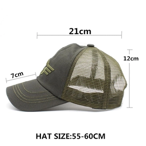 Casquette de baseball en coton vert olive avec filet et dimensions détaillées