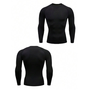 Front and back views of black compression long sleeve running shirt with dry-fit fabric