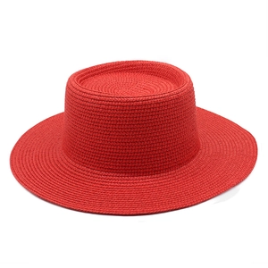 Women Straw Boater Hat Wide Brim Braided Flat Top Summer Beach Sun Protection Breathable Solid Color Retro Style