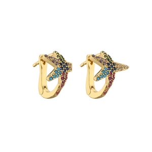Gold starfish earrings with multi-color zircon stones shown in a clean studio setting