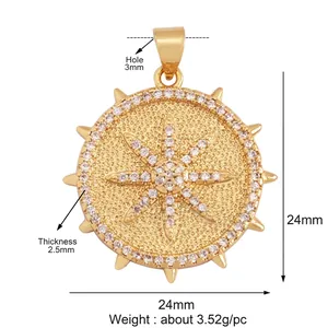 Detail of 24mm gold sunburst pendant with white zircon inlays and measurement data