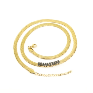 18K gold plated stainless steel flat snake chain necklace with black zircon stones