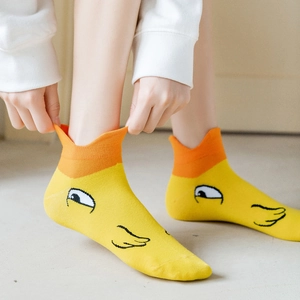 Cute yellow cartoon duck ankle socks for women featuring a ribbed cuff and cotton blend