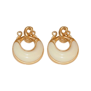 Vintage geometric gold earrings with creamy crescent resin inlays on a clean white backdrop