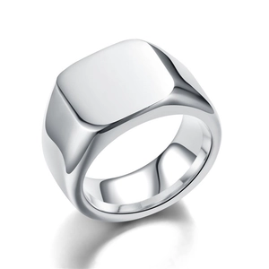 Polished silver titanium steel ring with minimalist rectangular flat top on white background
