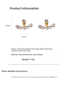 Macro shot of silver needle heart moon earrings with sparkling zircon crystals and dimensions
