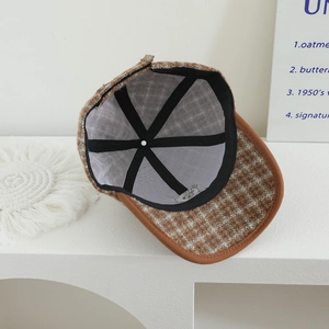 Casquette de baseball en tweed marron pour enfants avec broderie chat et visière en cuir