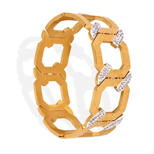 Gold-plated hollow octagon chain bracelet with hammered texture and CZ diamonds