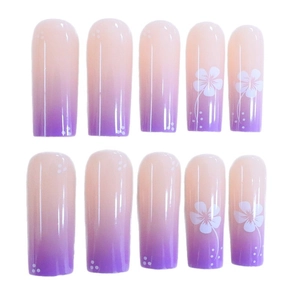 Classic purple gradient long square press-on nails with white floral hand-painted designs