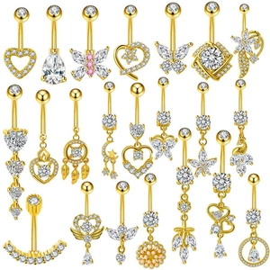 Bauchnabelpiercing Goldfarben Edelstahl Kupfer Zirkonia Hängend Nabelring Damen Herz Schmetterling Schmuck