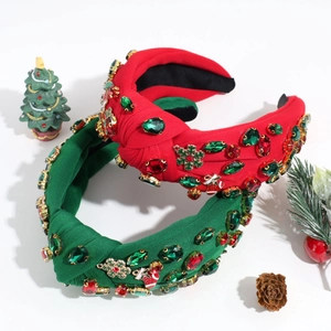 Christmas knotted headband set featuring colorful rhinestones and festive snowflake charms.