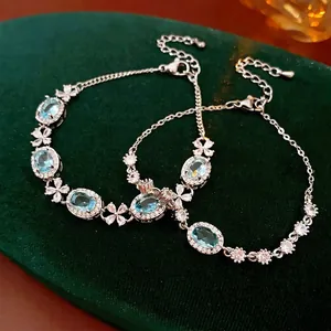 Oval Blue Zircon Flower Bracelet Copper Silver Plated Elegant Adjustable Jewelry For Women Luxury Stylish