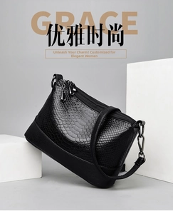 Detail shot of black crocodile texture PU leather crossbody bag with metal zipper