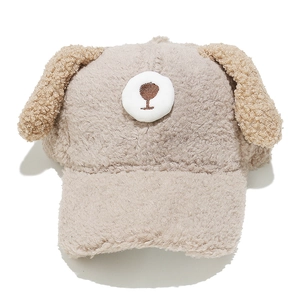 Detail of soft lamb wool baseball cap with cute plush dog ears and embroidered patch