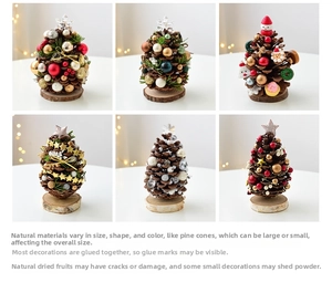 Mini natural pine cone Christmas tree ornaments with colorful balls on wooden base