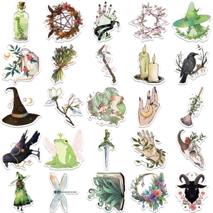Set of 50 waterproof forest witch stickers with mystical plants and potion designs