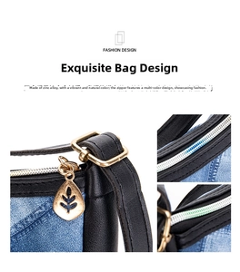 Detail of denim and leather shoulder bag with zinc alloy hardware and multi-color zipper
