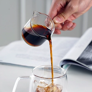 Heat-resistant borosilicate glass espresso measuring cup with handle and double spouts