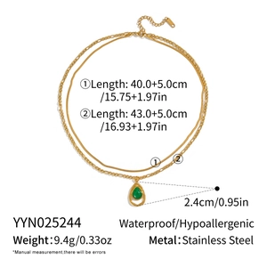 Detailed size specifications for gold double-layer necklace with green teardrop stone