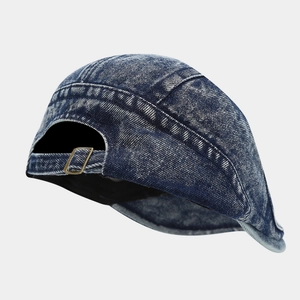 Vintage washed denim flat cap with adjustable metal buckle on back for unisex styling