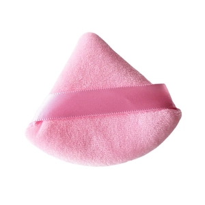 Pink triangle powder puff with soft crystal velvet texture and ribbon handle on white background