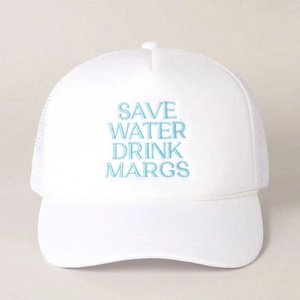 Detail of blue SAVE WATER DRINK MARGS embroidery on white mesh trucker hat