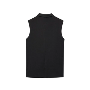 Sleeveless black suit vest for women featuring a minimalist back seam and straight hemline