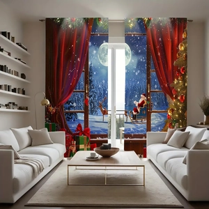 Détail de rideaux de Noël en polyester avec impressions du Père Noël et paysages d'hiver