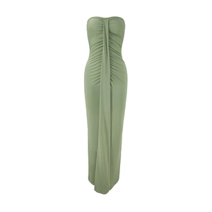 Detail showing the elegant ruched texture and slim draped design of this light green maxi dress