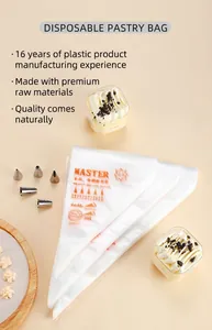 Macro view of thickened disposable piping bags with stainless steel nozzles for cake baking