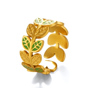 Minimalist gold leaf open ring with vibrant green enamel inlay for women