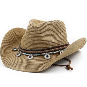 Chapeau De Cowboy En Paille Avec Bande Perlée Ethnique Large Bord Été Plage Chapeau De Soleil Respirant Mentonnière Réglable Style Rétro