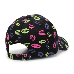 Black baseball cap with colorful lip prints and adjustable metal buckle for women