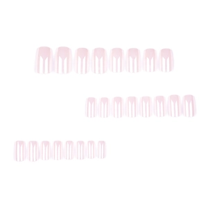 Unghie finte corte quadrate rosa tenue con strisce bianche, set completo da 24 pezzi