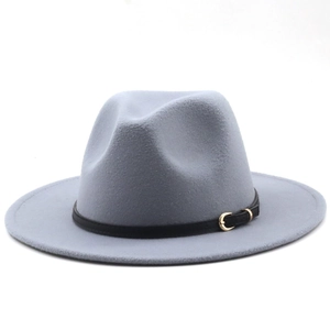 Detail of light blue fedora hat with black leather band and golden metal buckle accessory