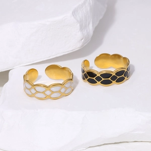 Vintage Rhombus Grid Stainless Steel Ring With 18K Gold Plating And Enamel Oil Drip Adjustable Open Band For Women