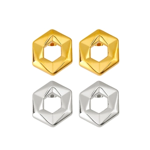 Minimalist hexagonal earrings in 18K gold and silver finishes with geometric design