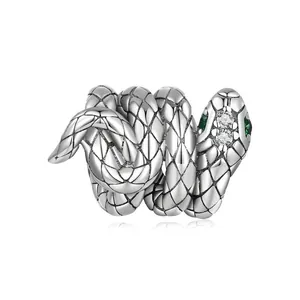 925 Sterling Silver Coiled Snake Charm Bead Oxidized Vintage Dark Style Zirconia Inlaid Snake Jewelry Making DIY Bead