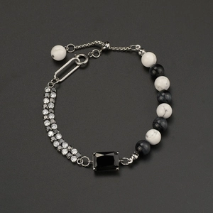 Hip hop titanium steel adjustable bracelet with black natural stone and diamond accents