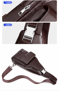 Detail of silver hardware zipper and buckle on a vintage brown leather chest bag