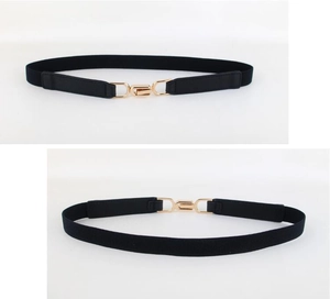 Detail of black elastic belt with gold metal buckle and leather ends for dresses