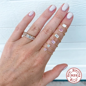 S925 sterling silver adjustable rings with emerald cut zircons and colorful gemstones