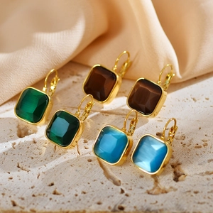 Minimalist stainless steel gemstone earrings in green, amber, and blue with French hooks