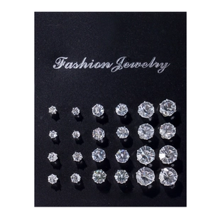 Set of 12 pairs of vintage geometric six-claw heart crystal zircon stud earrings