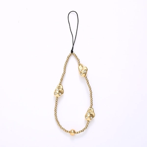 Golden beaded phone strap with irregular diamond-encrusted pearls on a clean white backdrop