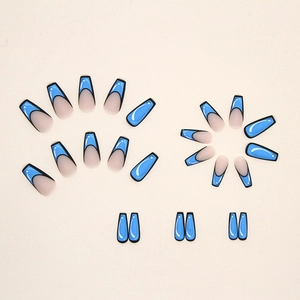 2D cartoon pop art style long coffin press-on nails with blue French tips and bold outlines