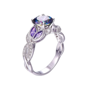 Macro detail of rainbow round gemstone ring with twisted silver band and purple side stones